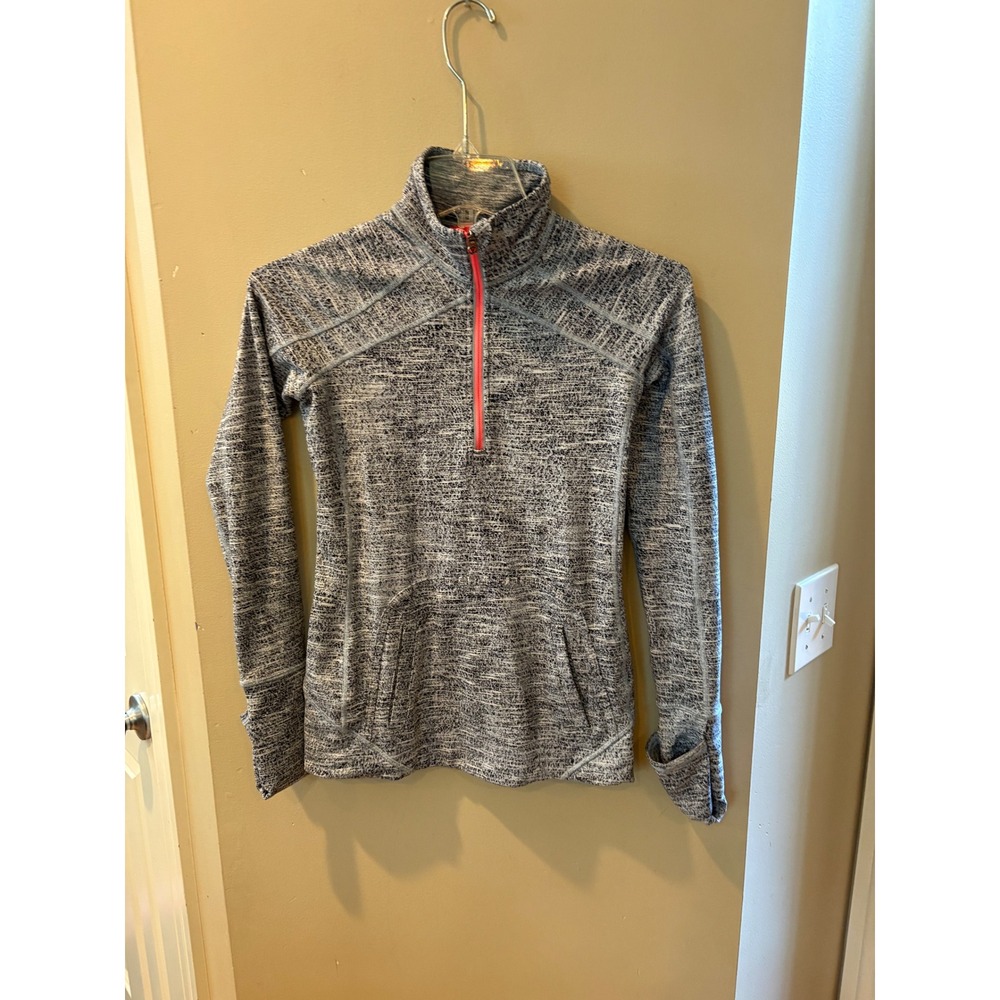 Ivivva Girls Size 12 Gray Space Dye Half Zip Pullover Thumbholes Coral Pink Zip